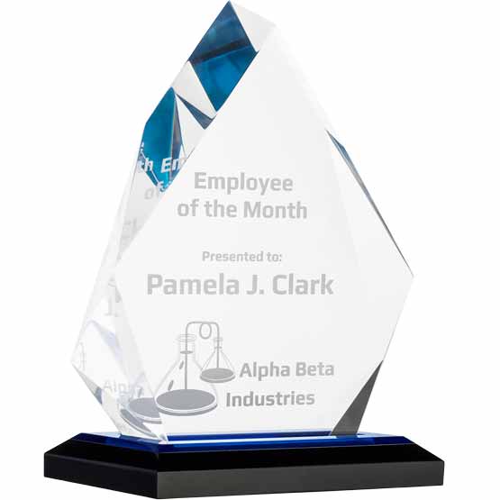Custom Diamond Shaped Acrylic Award For Employee Of The Month With Employee Name And Logo On Blue Mirror Base