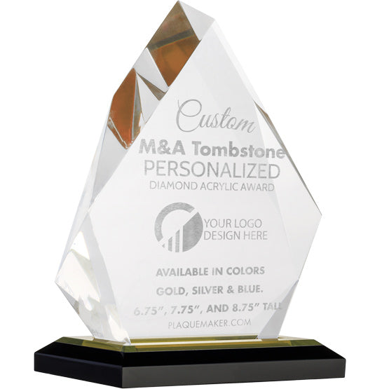 A custom diamond acrylic award with a fasted geometric design, on a black base with gold trim. Set on a white background with engraved text and placeholder artwork.