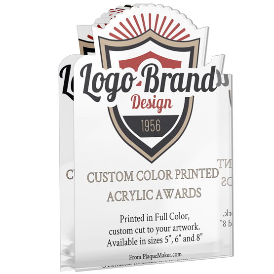 Custom Shaped Acrylic Award With Freestanding Design And Color Printed To Show Sample Logo And Customization Options