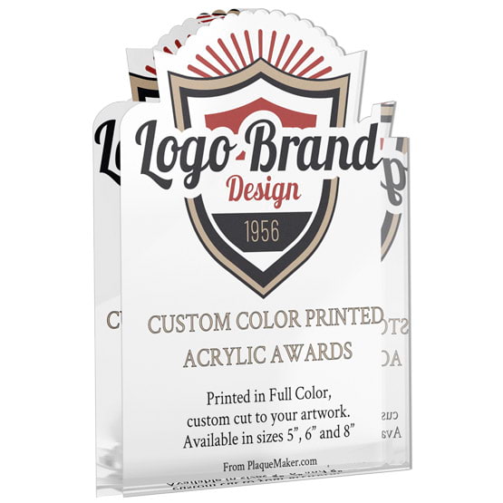 Custom Shaped Acrylic Award With Freestanding Design And Color Printed To Show Sample Logo And Customization Options