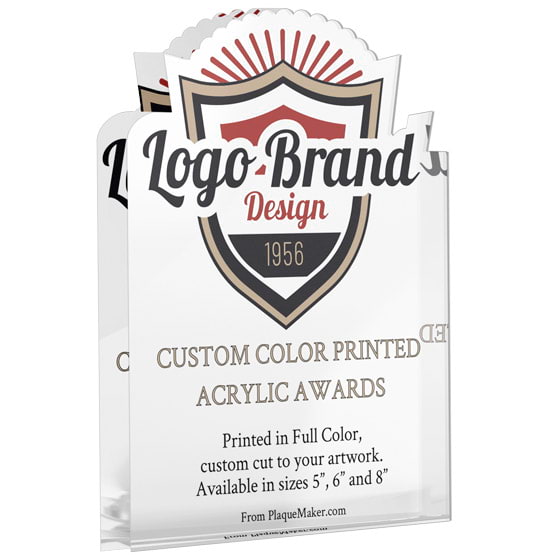 Custom Shaped Acrylic Award With Freestanding Design And Color Printed To Show Sample Logo And Customization Options