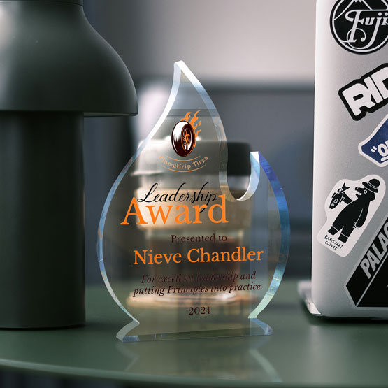 A clear acrylic award shaped like a flame, printed with text about a ‘Leadership Award’ for ‘Nieve Chandler’, displayed on a reflective surface next to a dark bottle and a white laptop with stickers on the front.
