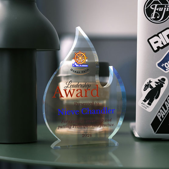 A clear acrylic award shaped like a flame, printed with text about a ‘Leadership Award’ for ‘Nieve Chandler’, displayed on a reflective surface next to a dark bottle and a white laptop with stickers on the front.