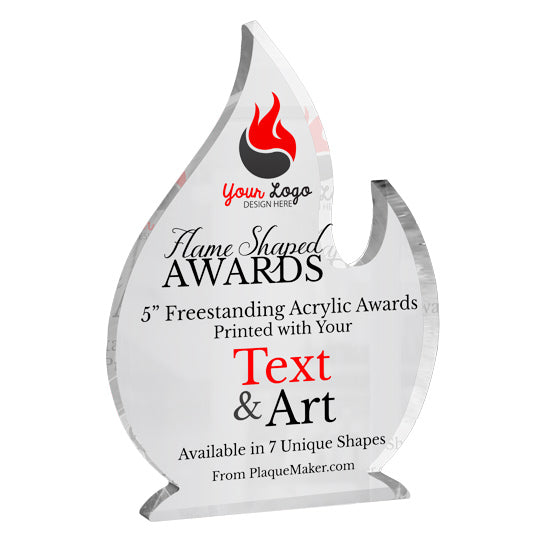 A flamed-shaped acrylic award on a plain white background. The award is transparent with printed customizable text and placeholder art on the front.