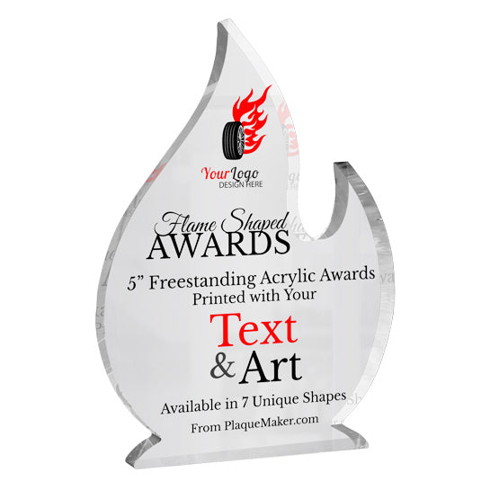 A flamed-shaped acrylic award on a plain white background. The award is transparent with printed customizable text and placeholder art on the front.