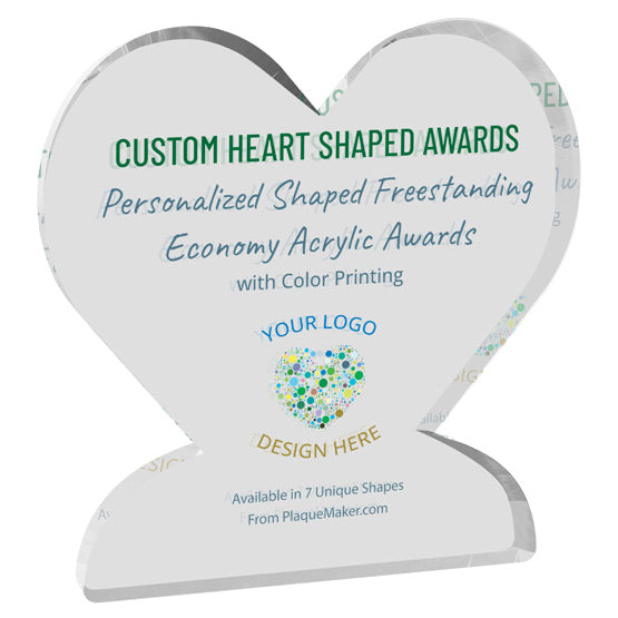 Heart-shaped clear acrylic award with customized printed text and artwork, set at a slight angle and shown on a white background.
