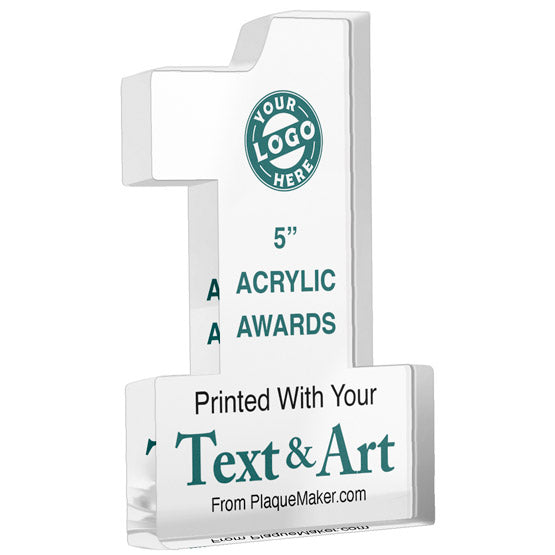 Number One Shaped Five Inch Custom Acrylic Award With Freestanding Design And Printed To Show Customization Options