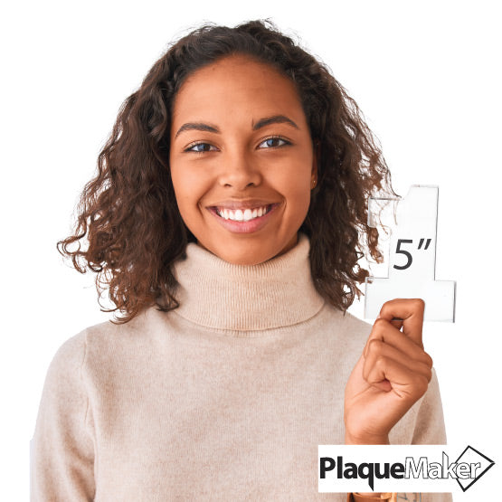 Size Guide With Happy Woman Holding Up A Number One Shaped Five Inch Acrylic Award And Showing Measurement