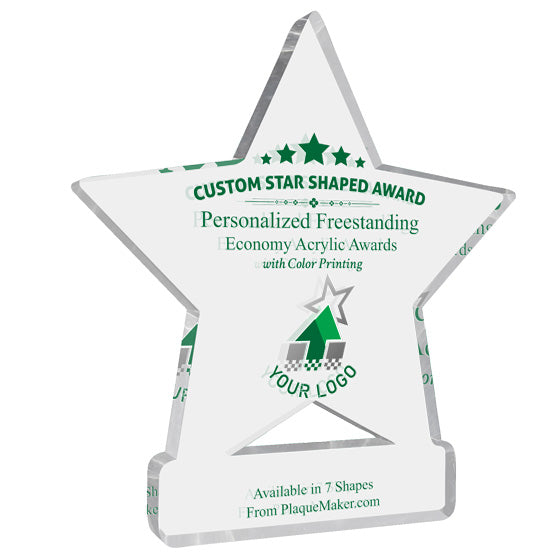 A clear acrylic star-shaped award with green printed text and placeholder artwork, shown on a plain white background.