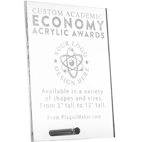 A clear acrylic custom award with frosted engraved text and placeholder artwork, shown on a white background and silver pin at the bottom allowing the award to stand.