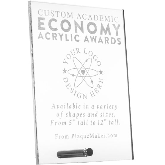A clear acrylic custom award with frosted engraved text and placeholder artwork, shown on a white background and silver pin at the bottom allowing the award to stand.