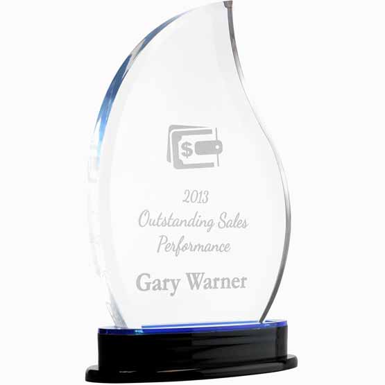 Custom Flame Shaped Acrylic Award For Outstanding Sales With Logo And Message And Employee Name On Blue Mirror Base