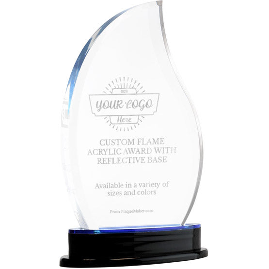 Flame Shaped Custom Acrylic Award Engraved To Show Custom Options Standing Via Reflective Black Base With Blue Accent