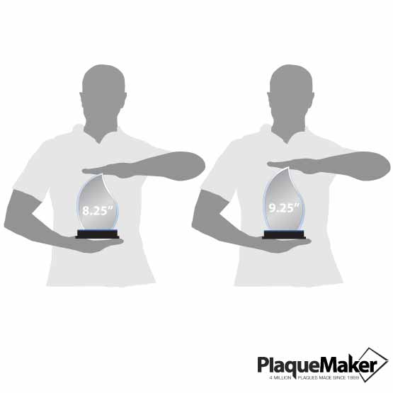Size Guide With Blank Figures Holding Two Different Sizes Of Custom Flame Shaped Acrylic Awards With Blue Mirror Bases