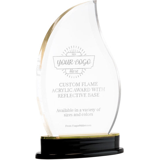 Flame Shaped Custom Acrylic Award Engraved To Show Custom Options Standing Via Reflective Black Base With Gold Accent