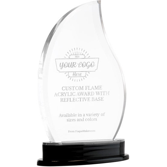 Flame Shaped Custom Acrylic Award Engraved To Show Custom Options Standing Via Reflective Black Base With Silver Accent