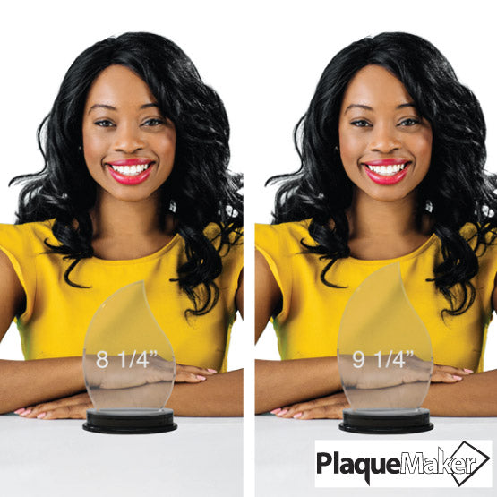 Size Guide With Happy Woman Behind A Flame Shaped Custom Acrylic Award Standing Via Reflective Black Base With Silver Accent