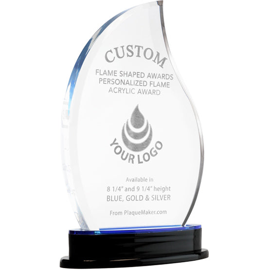 A custom acrylic flame-shaped award on a black base with blue accent at the bottom, featuring engraved text and placeholder artwork set on a white background.