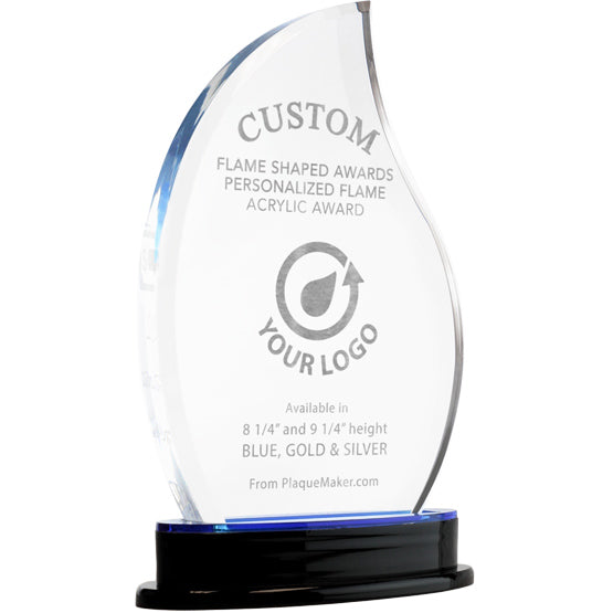 A custom acrylic flame-shaped award on a black base with blue accent at the bottom, featuring engraved text and placeholder artwork set on a white background.
