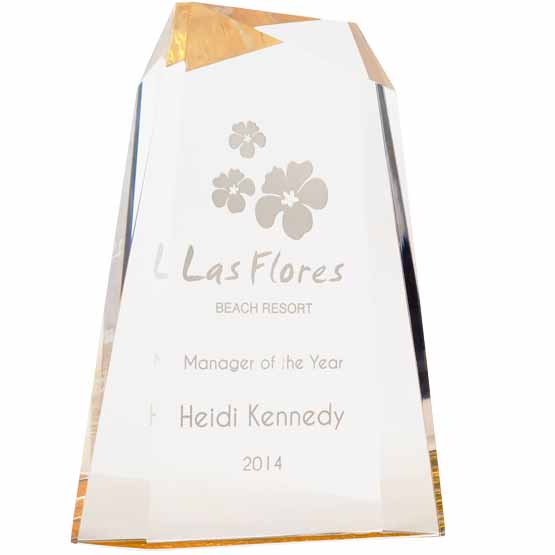 Custom Faceted Wedge Acrylic Award For Manager Of The Year With Resort Company Logo And Name And Gold Foil