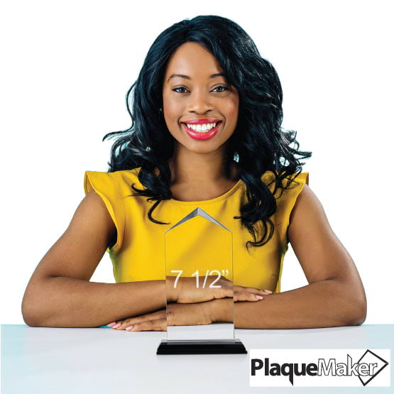 Size Guide With Happy Woman Sitting Behind 7 And A Half Inch Jewel Impress Acrylic Award With Black And Silver Base