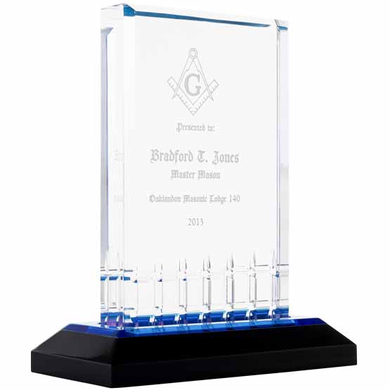 Custom Mirage Acrylic Award With Organization Logo And Member Name And Date On Blue Mirror Base