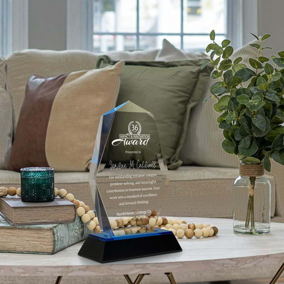 Engraved Octagon Point Acrylic Award For Innovation With Black And Blue Base On Living Room Coffee Table With Plant