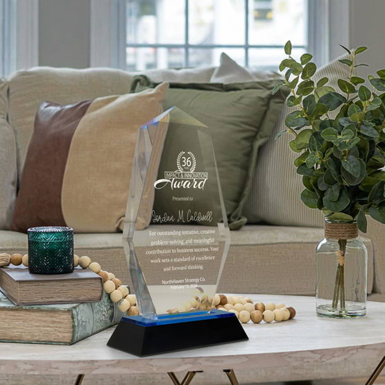 Engraved Octagon Point Acrylic Award For Innovation With Black And Blue Base On Living Room Coffee Table With Plant