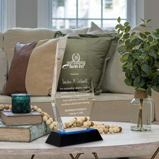 Engraved Octagon Point Acrylic Award For Innovation With Black And Blue Base On Living Room Coffee Table With Plant