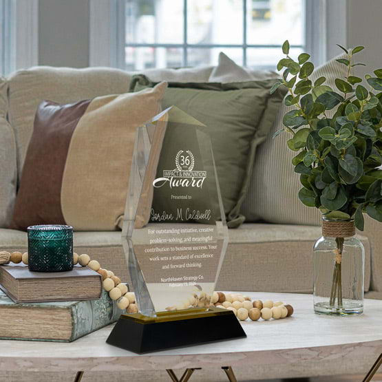 Engraved Octagon Point Acrylic Award For Innovation With Black And Gold Base On Living Room Coffee Table With Plant