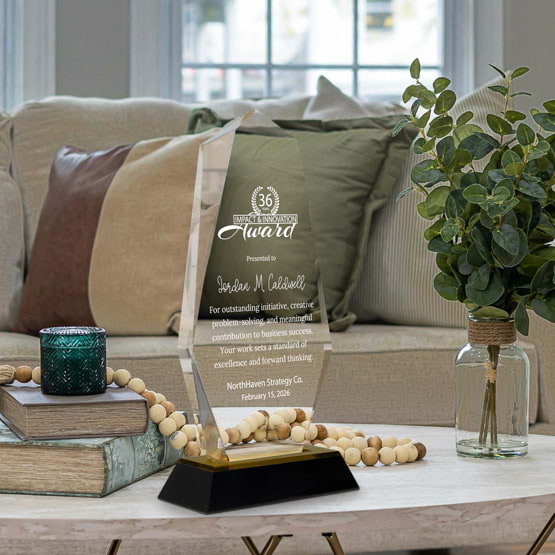 Engraved Octagon Point Acrylic Award For Innovation With Black And Gold Base On Living Room Coffee Table With Plant