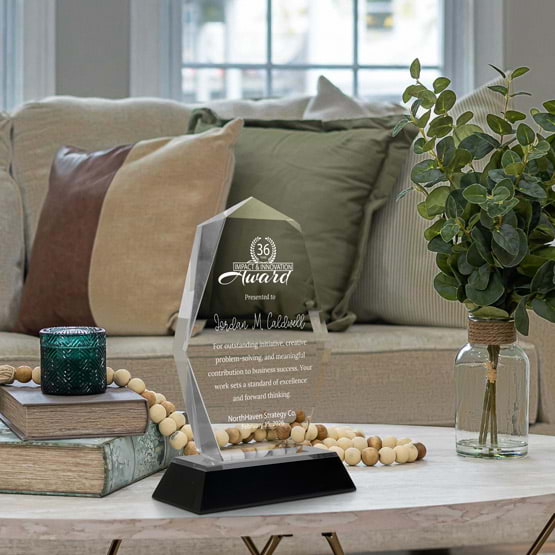 Engraved Octagon Point Acrylic Award For Innovation With Black And Silver Base On Living Room Coffee Table With Plant