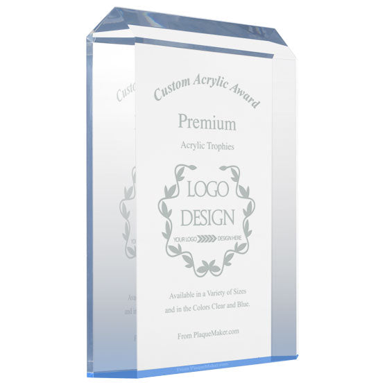 Freestanding Premium Acrylic Award With Clipped Corners And Faceted Edges And Blue Accent And Engraved To Show Custom Options