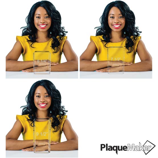 Size Guide Of Happy Woman Behind Standing Premium Acrylic Awards With Clipped Corners And Faceted Edges In Three Sizes