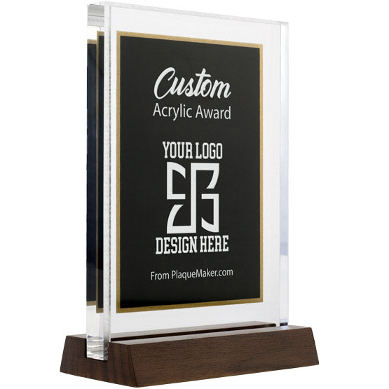 Custom Engraved Standing Black And Gold Acrylic Award With Text And Logo On Wooden Base