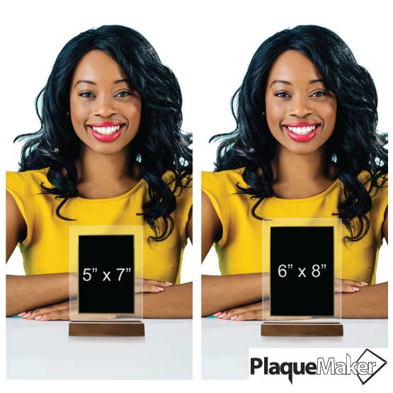 Size Guide With Woman Holding Two Different Sizes Of Custom Black And Gold Acrylic Award With Wooden Base