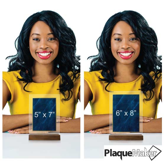 Size Guide With Woman Holding Two Different Sizes Of Custom Blue Marble And Gold Acrylic Award With Wooden Base