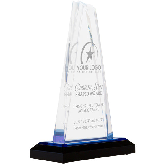 Clear acrylic personalized star-shaped award trophy with a black base, featuring a star logo and customizable engraved text, shown on a white background.