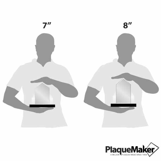 Size Guide With Blank Figures Holding Two Different Sizes Of Custom Tiered Pyramid Acrylic Award With Silver Mirror Base