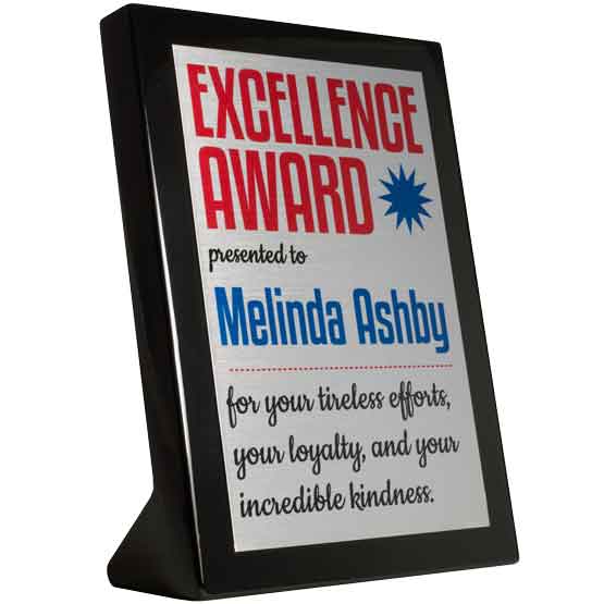 Custom Black Piano Finish And Silver Aluminum Plaque Award For Excellence With Name And Message With Freestanding Design