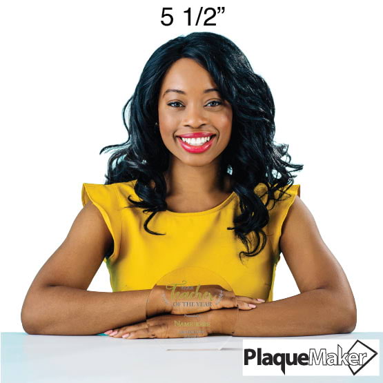 Size Guide With Woman Sitting Behind A Circle Shaped Freestanding Glass Award Printed With Teacher Of The Year Message