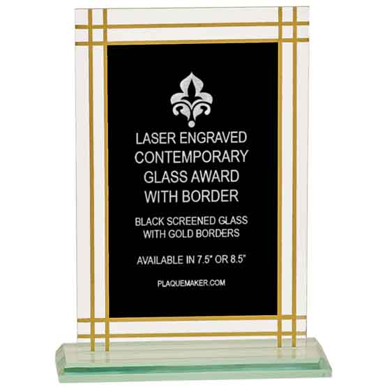 Custom Black And Gold Glass Award Showing Customization Options With Frosted Laser Engravings On A Jade Glass Base