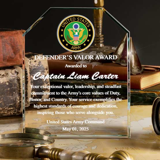 Custom Clipped Corners Glass Award For Army Service Valor With Name And Date Standing On Table With Old Books
