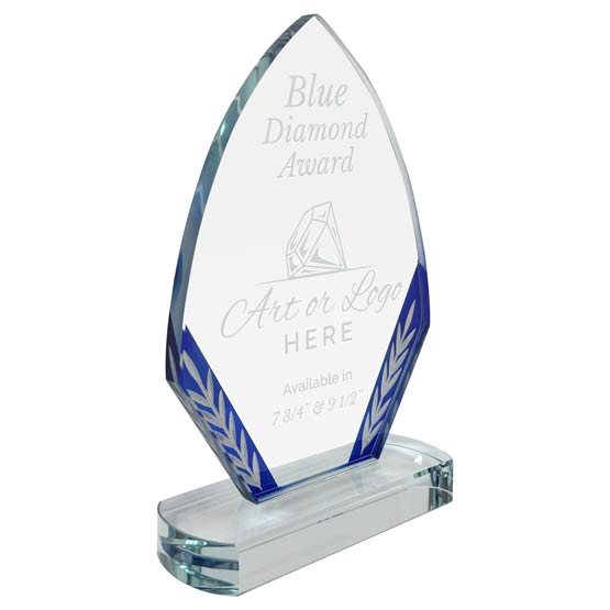 Custom Diamond Shaped Glass Award With Blue Edge Showing Customizable Areas For Art And Text Standing Via Glass Base