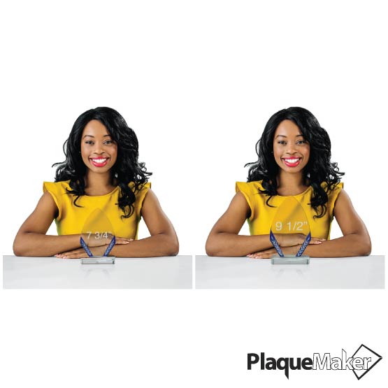 Size Guide With Woman Sitting Behind Two Different Sizes Of Custom Diamond Glass Awards With Blue Edges And Glass Bases