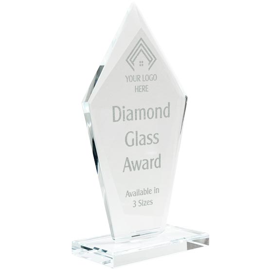 Custom Diamond Shaped Glass Award With Glass Base And Showing Customization Areas For Artwork And Text