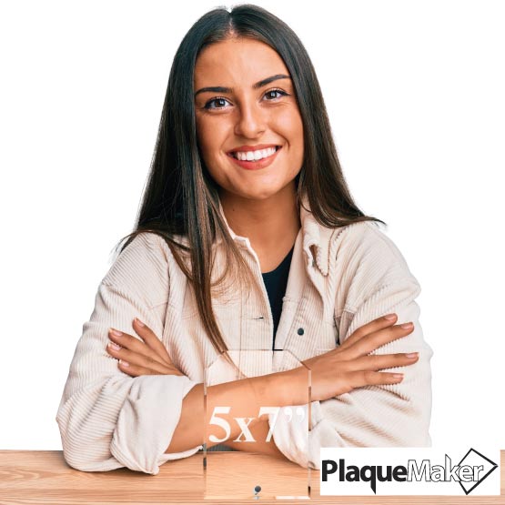 Size Guide With Happy Woman Sitting Behind Custom Glass Award With Clipped Corners And Standing Via Silver Pin 