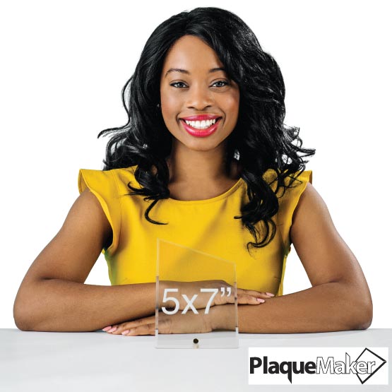 Size Guide With Happy Woman Sitting Behind Custom Peak Shaped Economy Glass Award Standing Via Gold Pin On Table