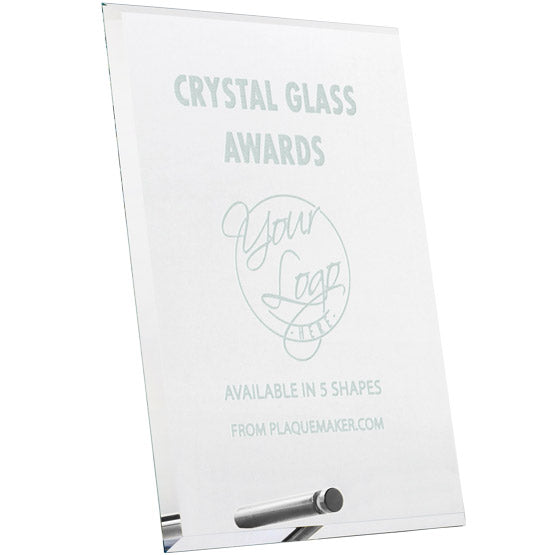 Custom Rectangle Economy Glass Award Showing Customizable Areas For Text And Artwork Standing Via Silver Pin