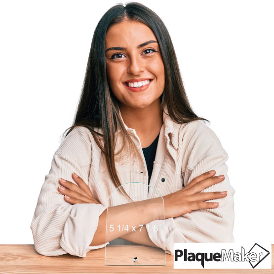Size Guide With Happy Woman Sitting Behind Custom Tombstone Shaped Glass Award Standing Via Silver Pin On Table